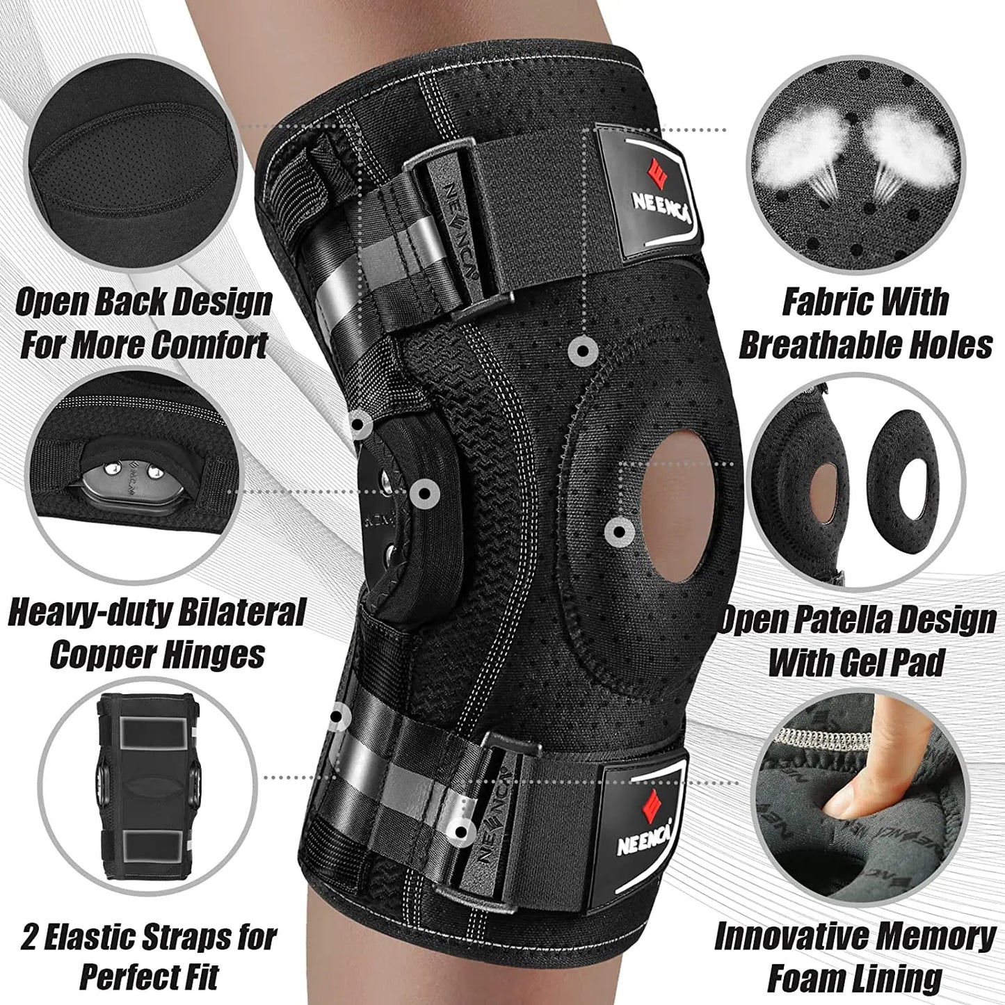 NEENCA Kniebandage mit Scharnier für Knieschmerzen, Kniestütze mit seitlichen Stabilisatoren, Linderung von Gelenkschmerzen, Arthritis, Meniskusriss, ACL PCL