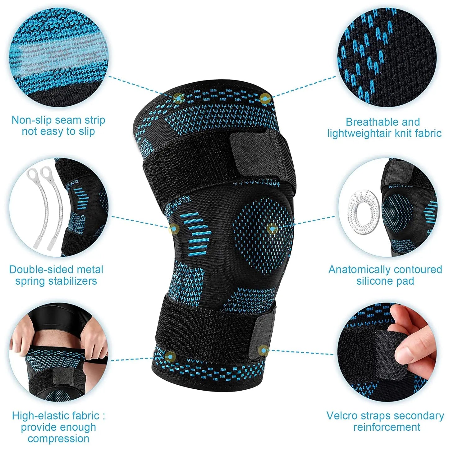 1 Stück Kniebandage, Kompressionsmanschette mit Seitenstabilisatoren und Patella-Gel für Knieschmerzen, Meniskusriss, ACL-Verletzungserkennung